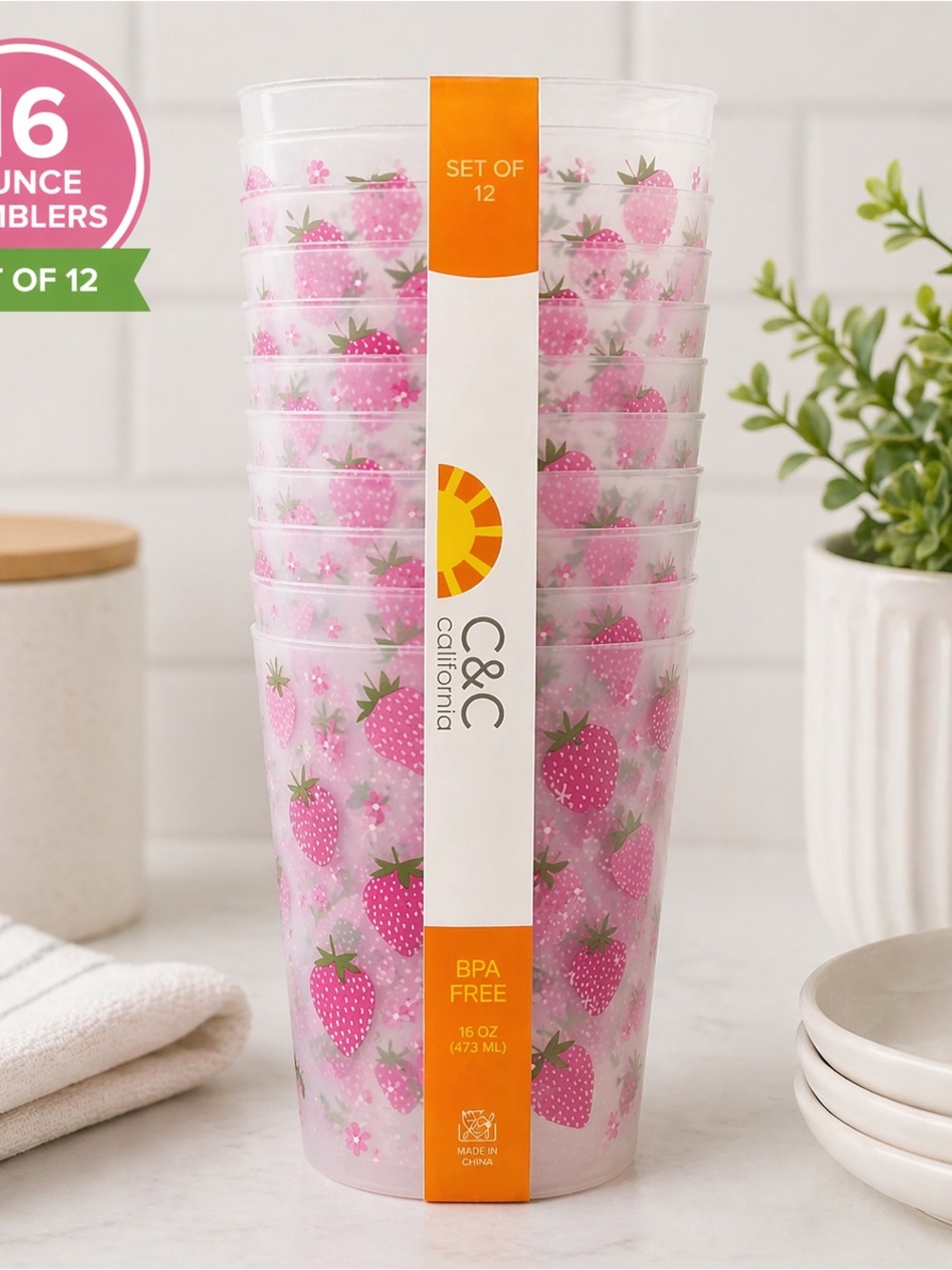 C&C California Strawberry Reusable Acrylic Tumblers Set of 12 Summer Patio Cups